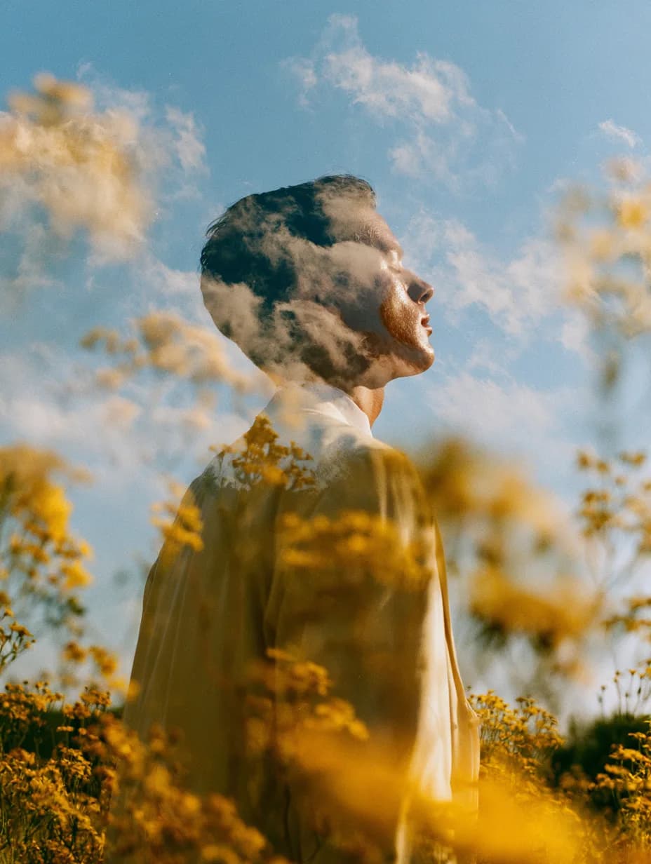 A job seeker looking up at the sky in a field of yellow flowers, at ease while the AI job agent works