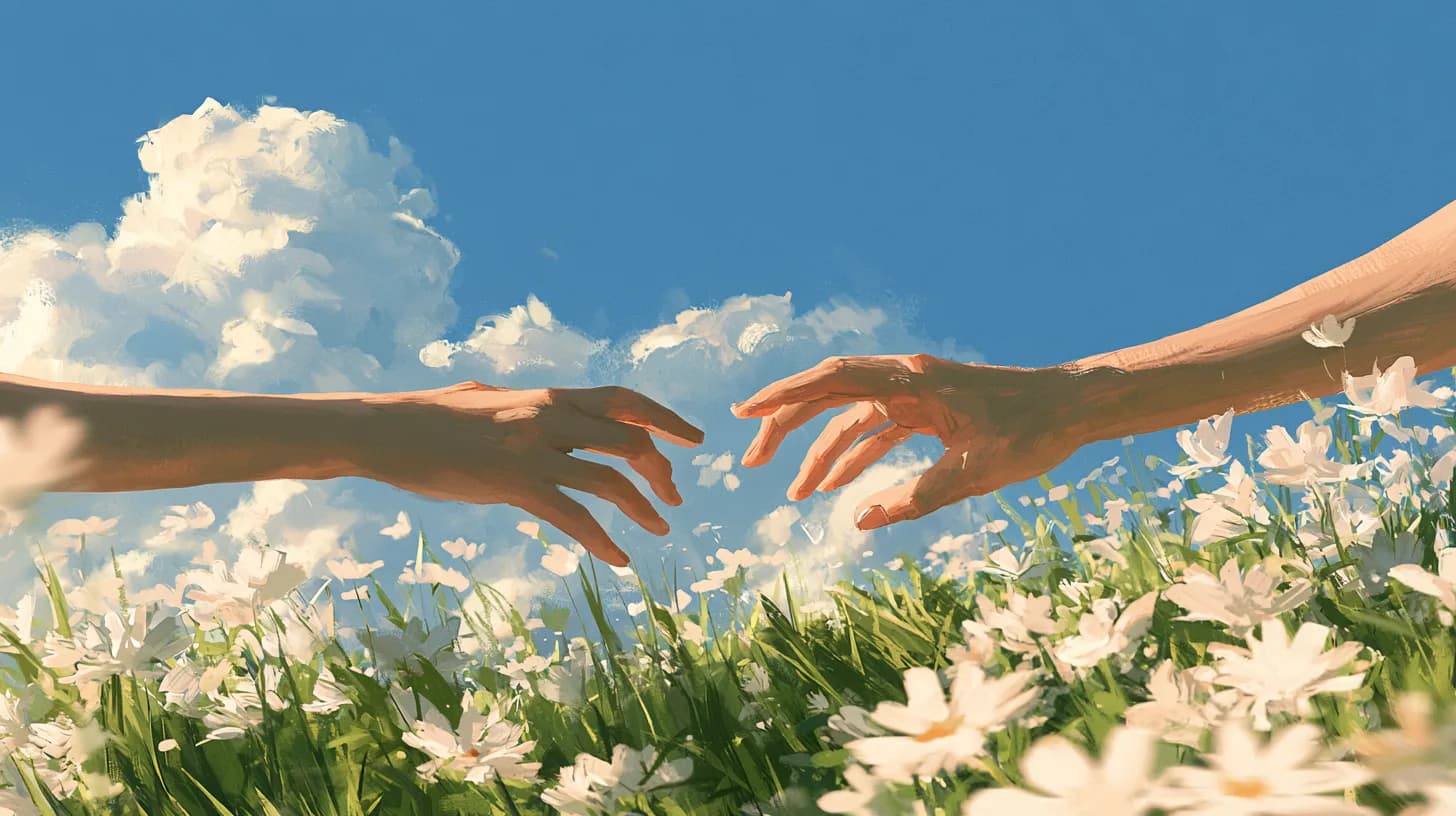 Two hands reaching for each other over a meadow: a job seeker and the myjobb AI job agent working together